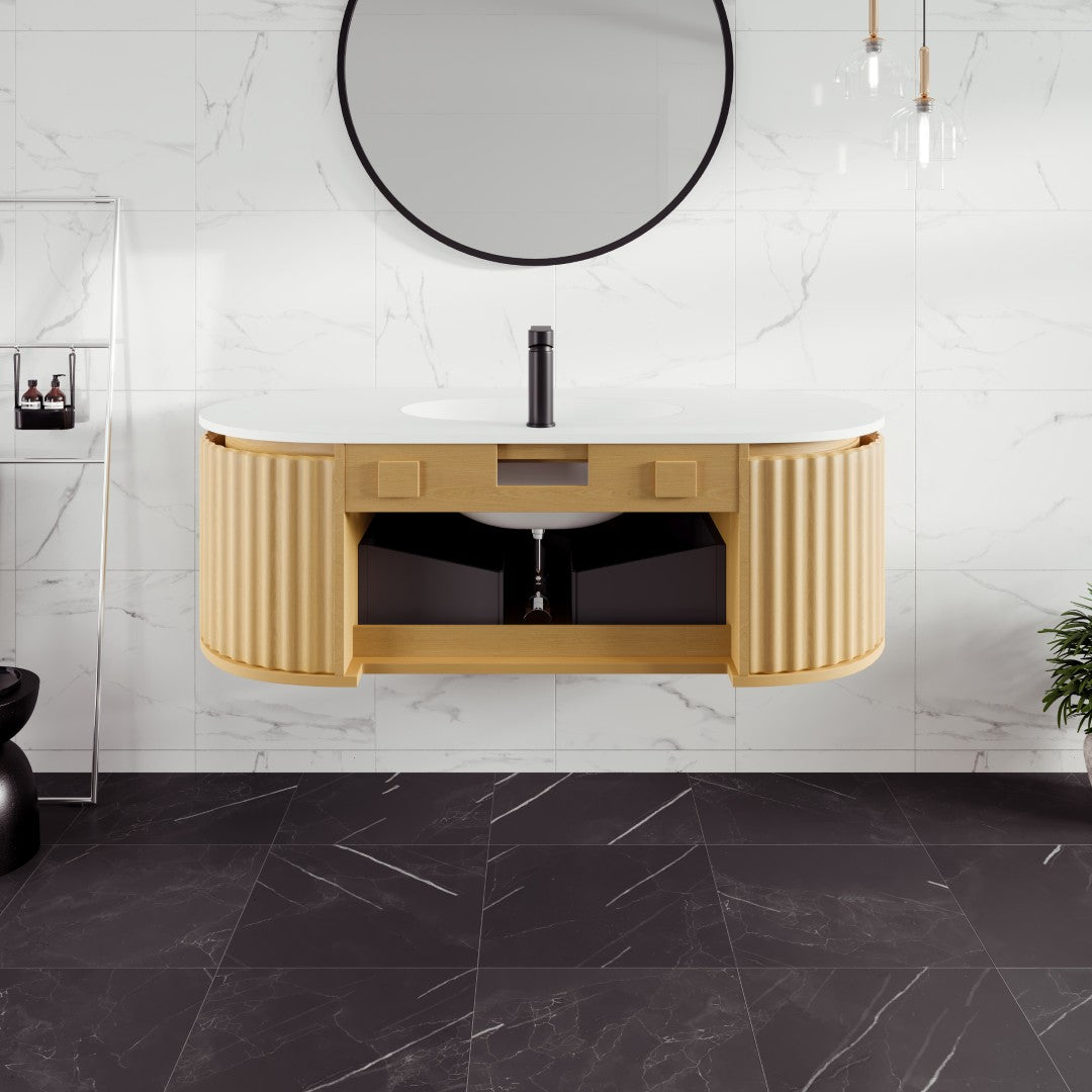 Haven 48 in. Natural Oak Wall Mount Single Sink Bath Vanity with Solid Surface Top and Integrated Sink