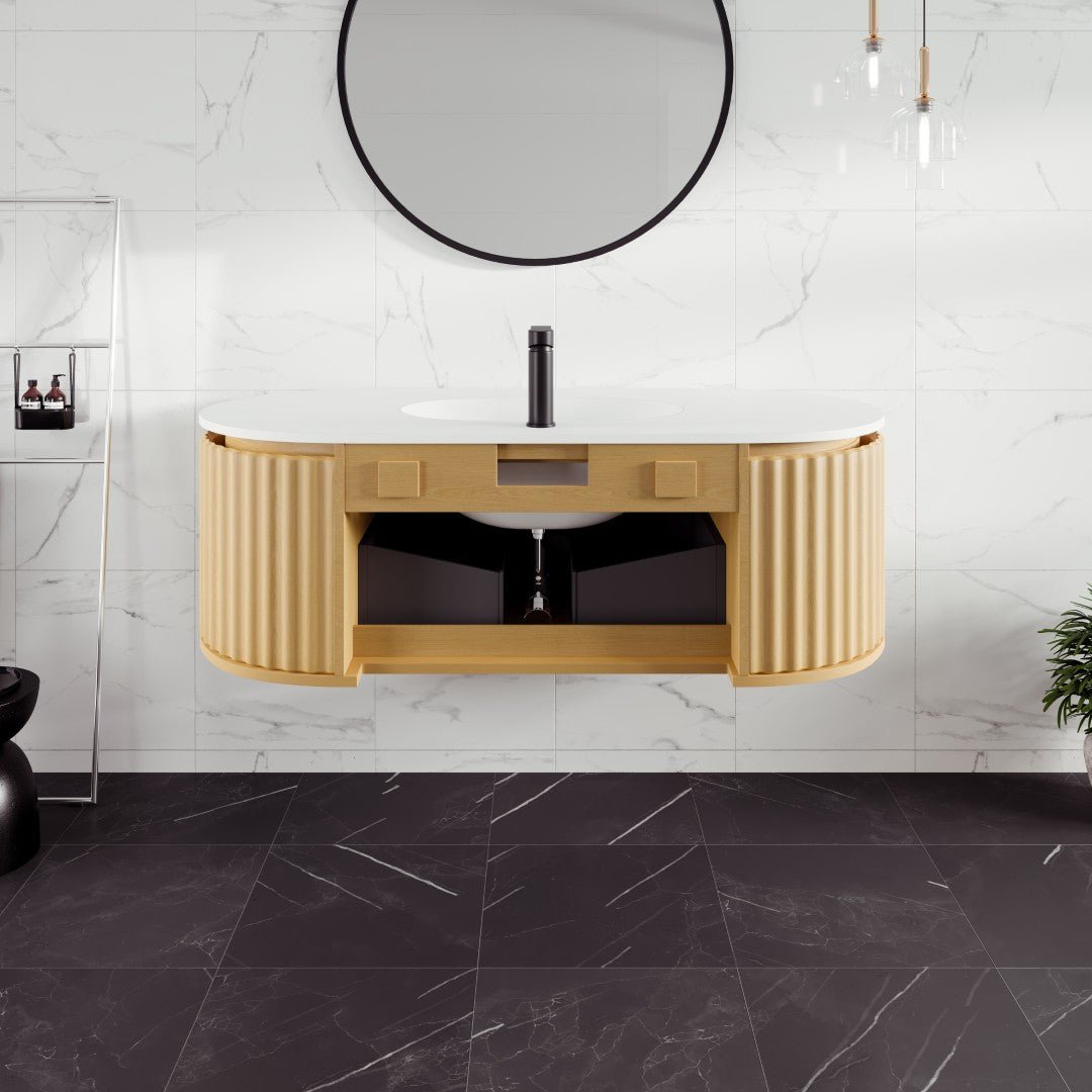 Haven 48 in. Natural Oak Wall Mount Single Sink Bath Vanity with Solid Surface Top and Integrated Sink - Bathroom Vanity by Eviva