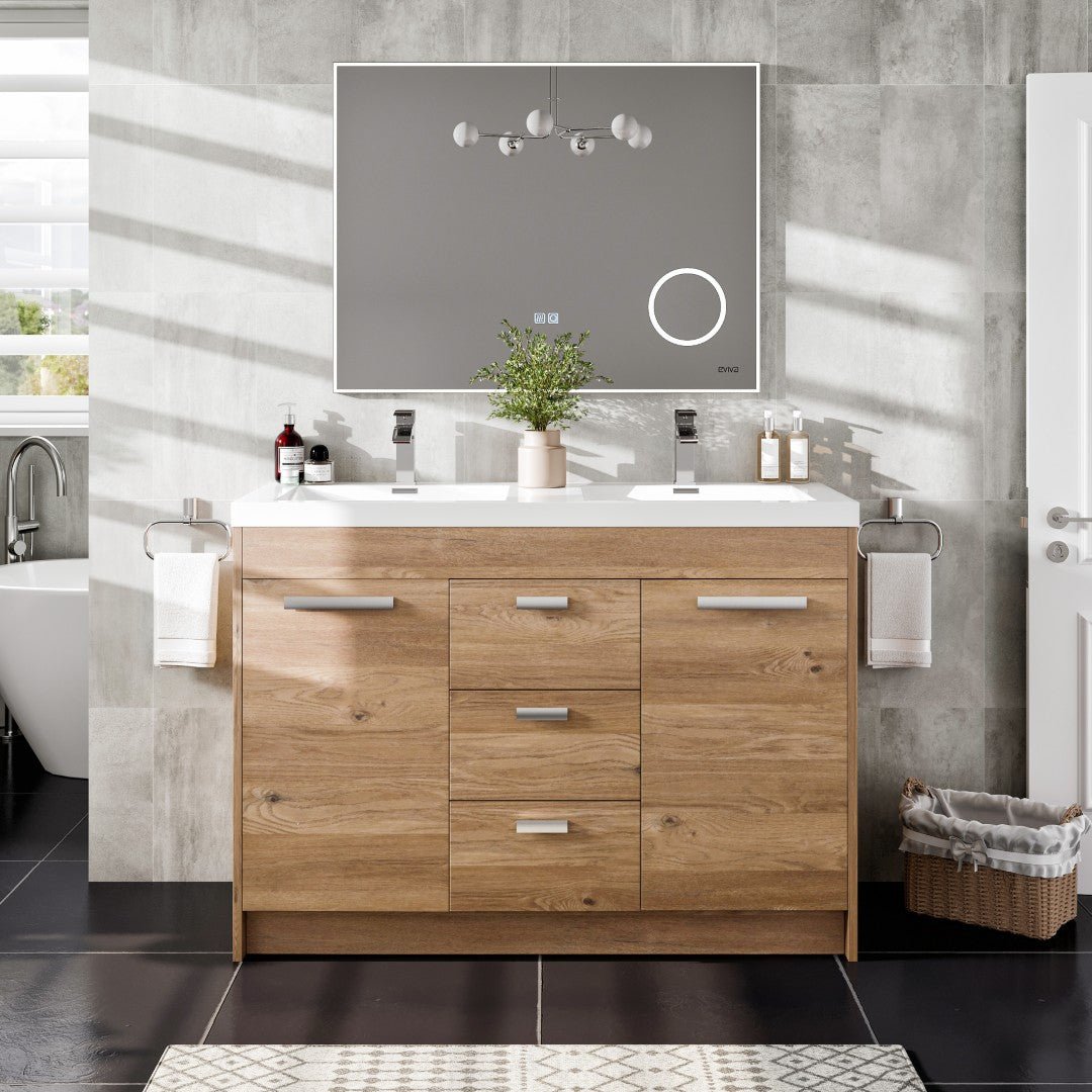Lugano 48 in. Natural Oak Double Sink Bath Vanity with Acrylic Top and Integrated Sinks - Bathroom Vanity by Eviva