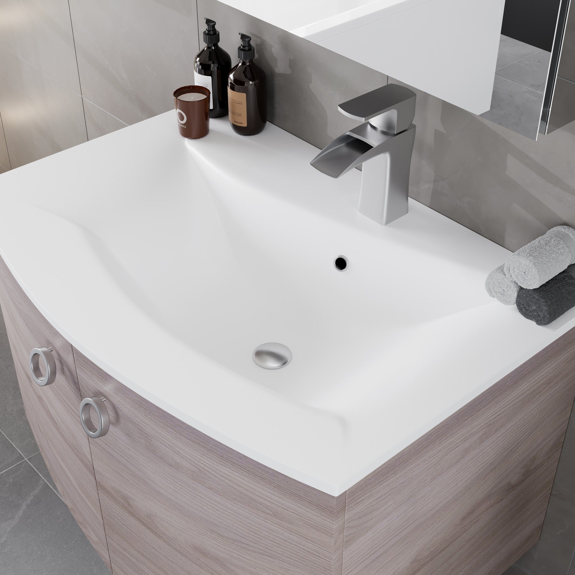 Romina 28 in. Gray Oak Wall Mount Single Sink Bath Vanity with Acrylic Top and Integrated Sink