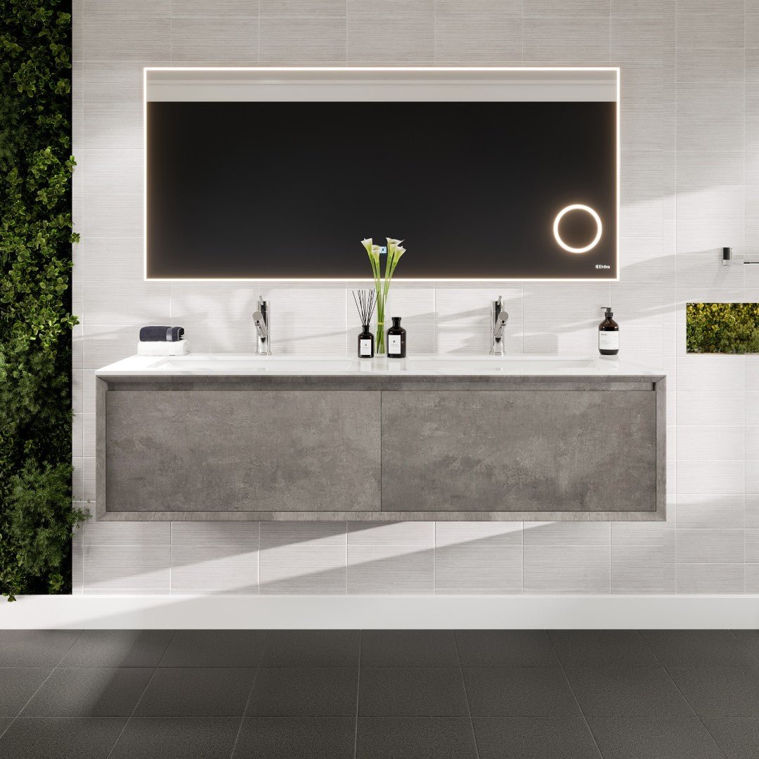 Aurora 60 in. Concrete Gray Wall Mount Double Sink Bath Vanity with Carrara Quartz Top and Undermount Porcelain Sinks - Bathroom Vanity by Eviva