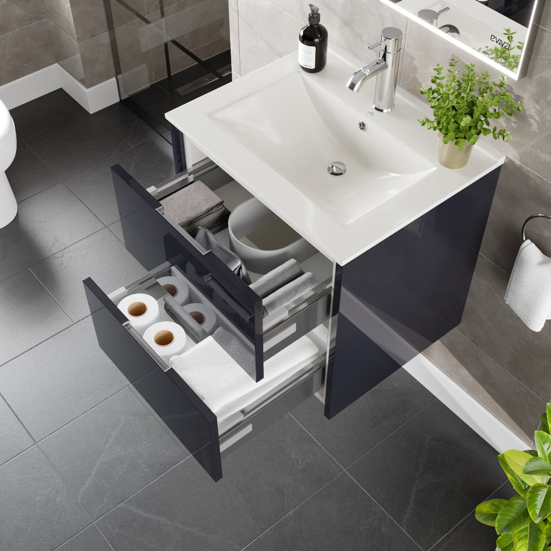 Luna 24 in. Dark Gray Wall Mount Single Sink Bath Vanity with Porcelain Top and Integrated Sink