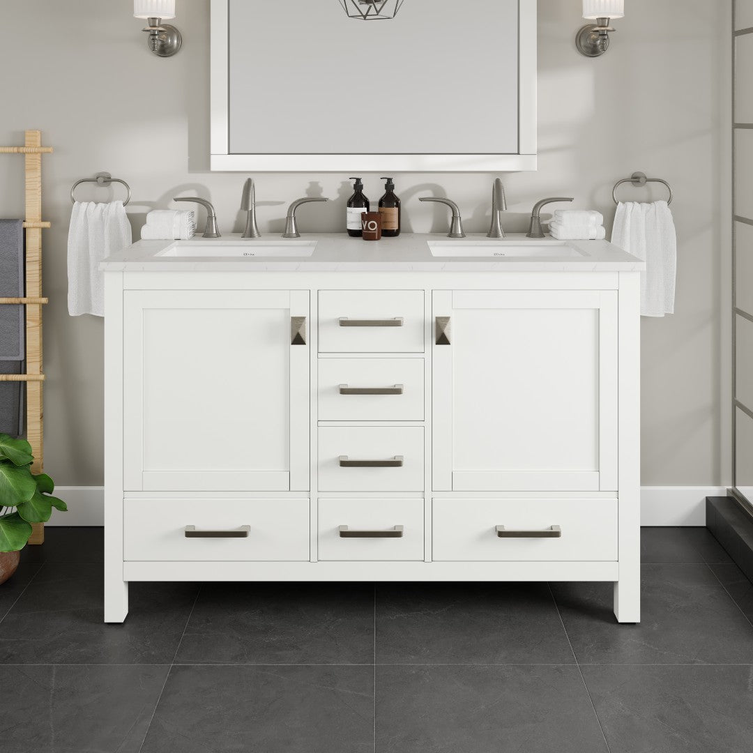 Aberdeen 48 in. White Double Sink Bath Vanity with Carrara Quartz Top and Undermount Porcelain Sinks
