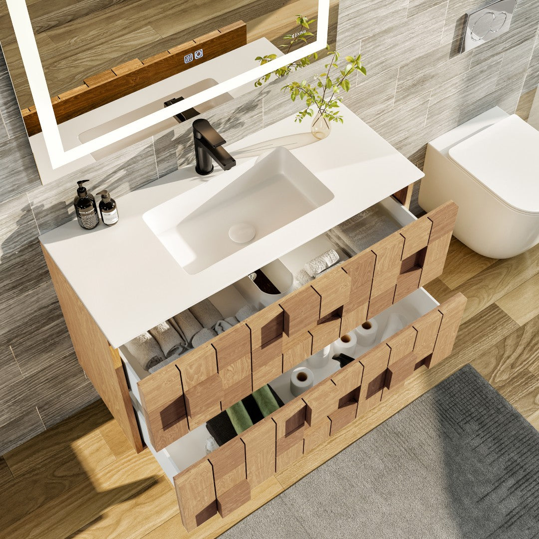 Mosaic 36 in. Natural Oak Wall Mount Single Sink Bath Vanity with Solid Surface Top and Integrated Sink