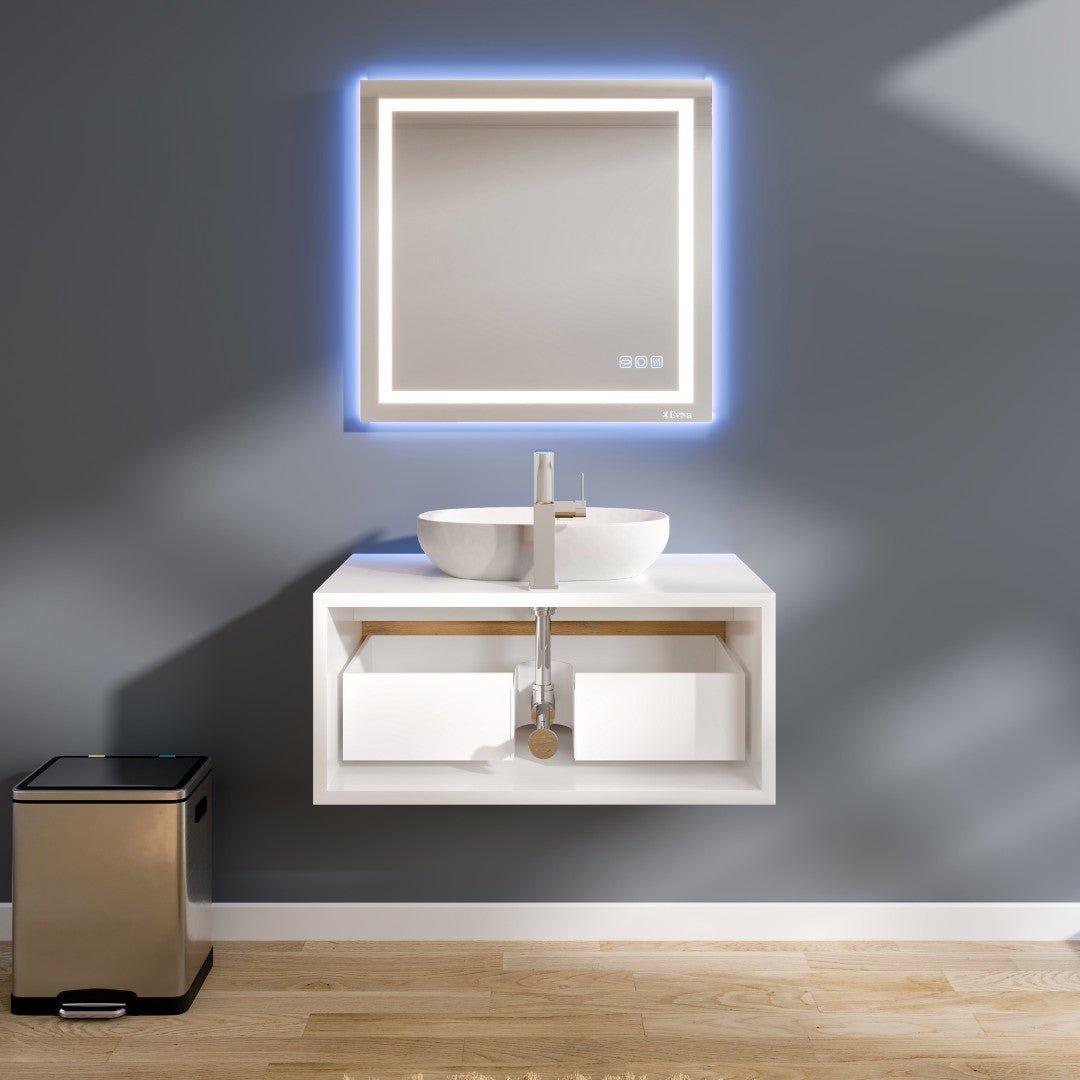 Santa Monica 36 in. White Oak Wall Mount Single Sink Bath Vanity with Acrylic Top and Vessel Solid Surface Sink - Bathroom Vanity by Eviva
