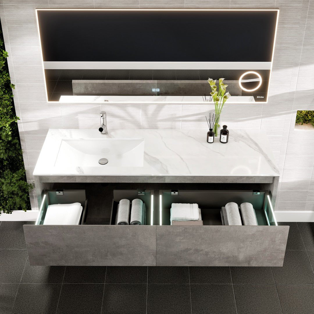 Aurora 60 in. Concrete Gray Wall Mount Single Sink Bath Vanity with Carrara Quartz Top and Undermount Porcelain Sink - Bathroom Vanity by Eviva