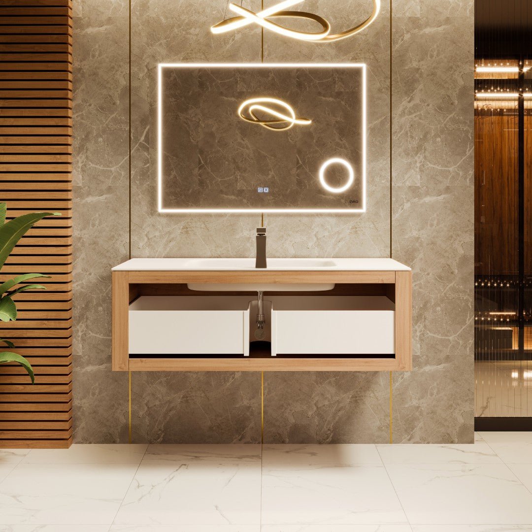 Leah 39 in. Medium Oak Wall Mount Single Sink Bath Vanity with Solid Surface Top and Integrated Sink - Bathroom Vanity by Eviva