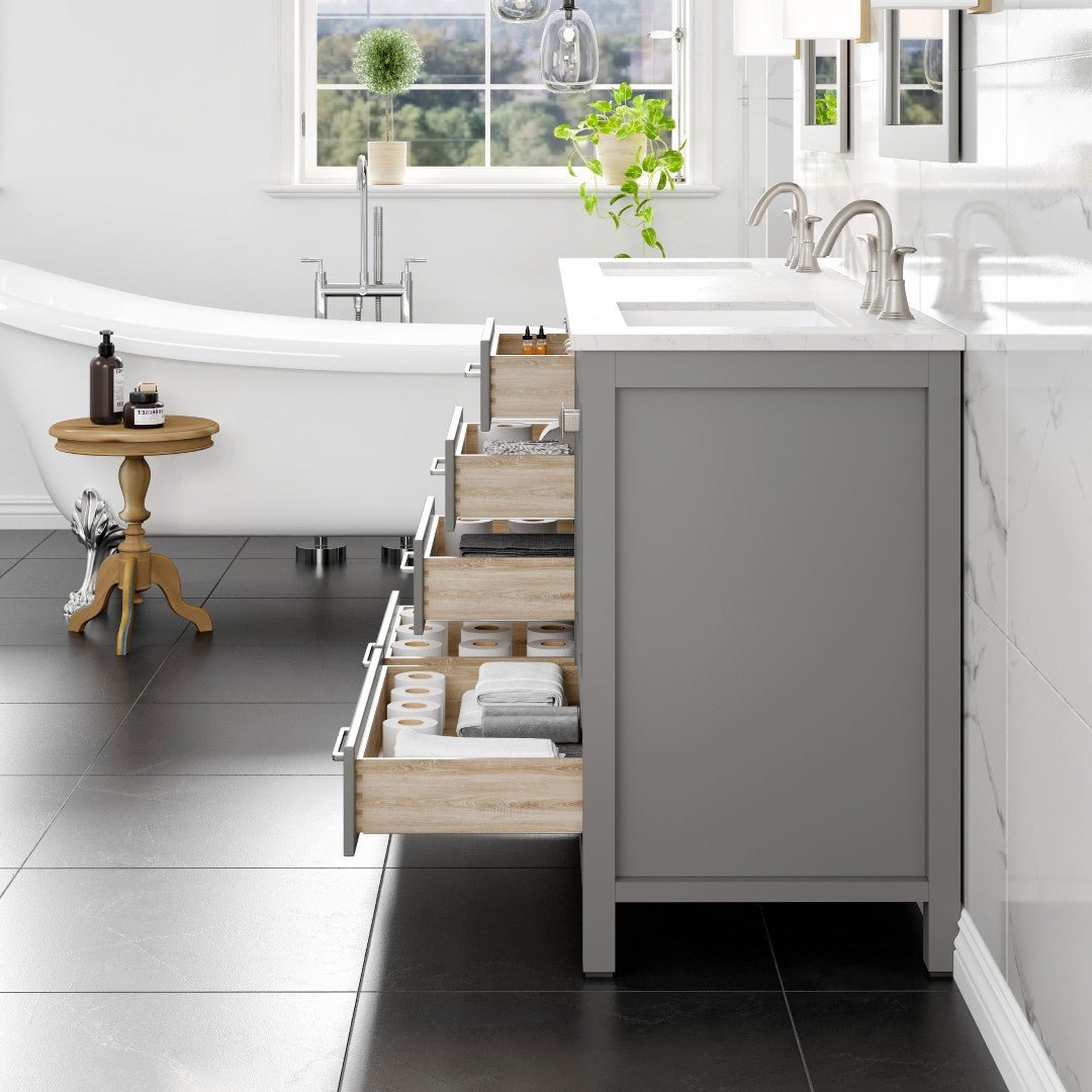 Aberdeen 78 in. Gray Double Sink Bath Vanity with Carrara Quartz Top and Undermount Porcelain Sinks - Bathroom Vanity by Eviva