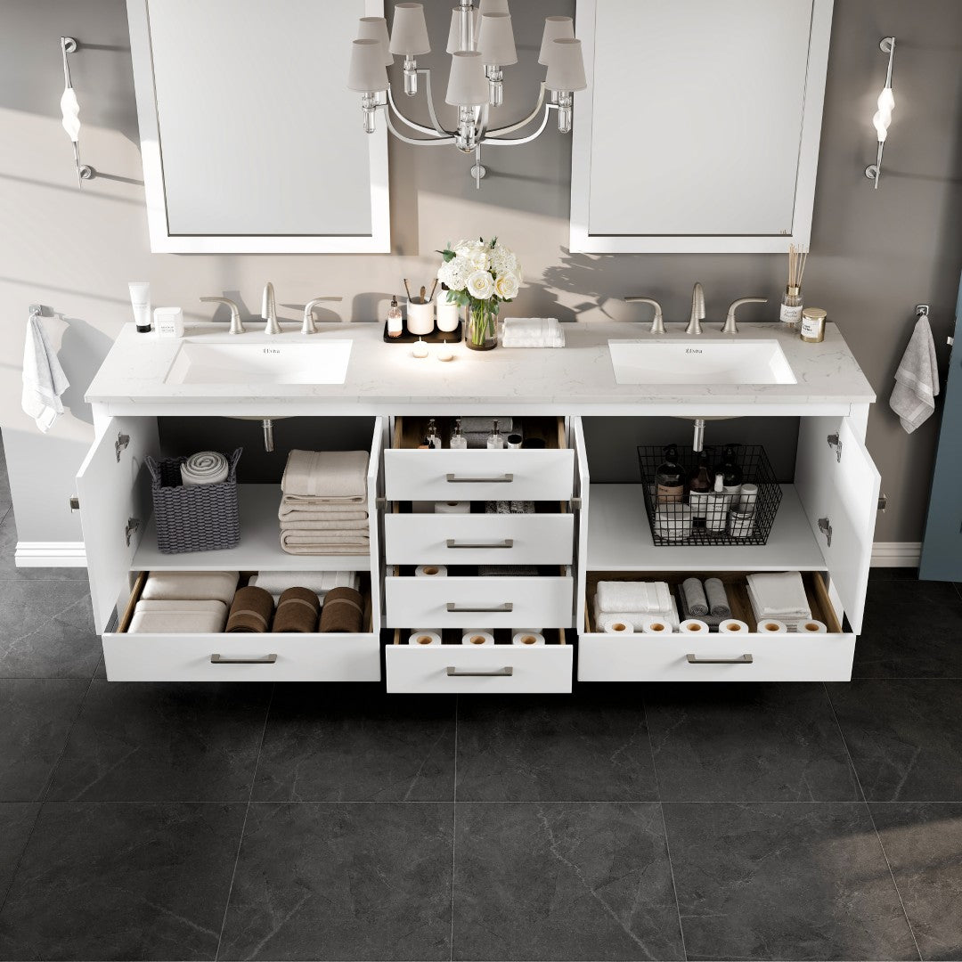 Aberdeen 84 in. White Double Sink Bath Vanity with Carrara Quartz Top and Undermount Porcelain Sinks