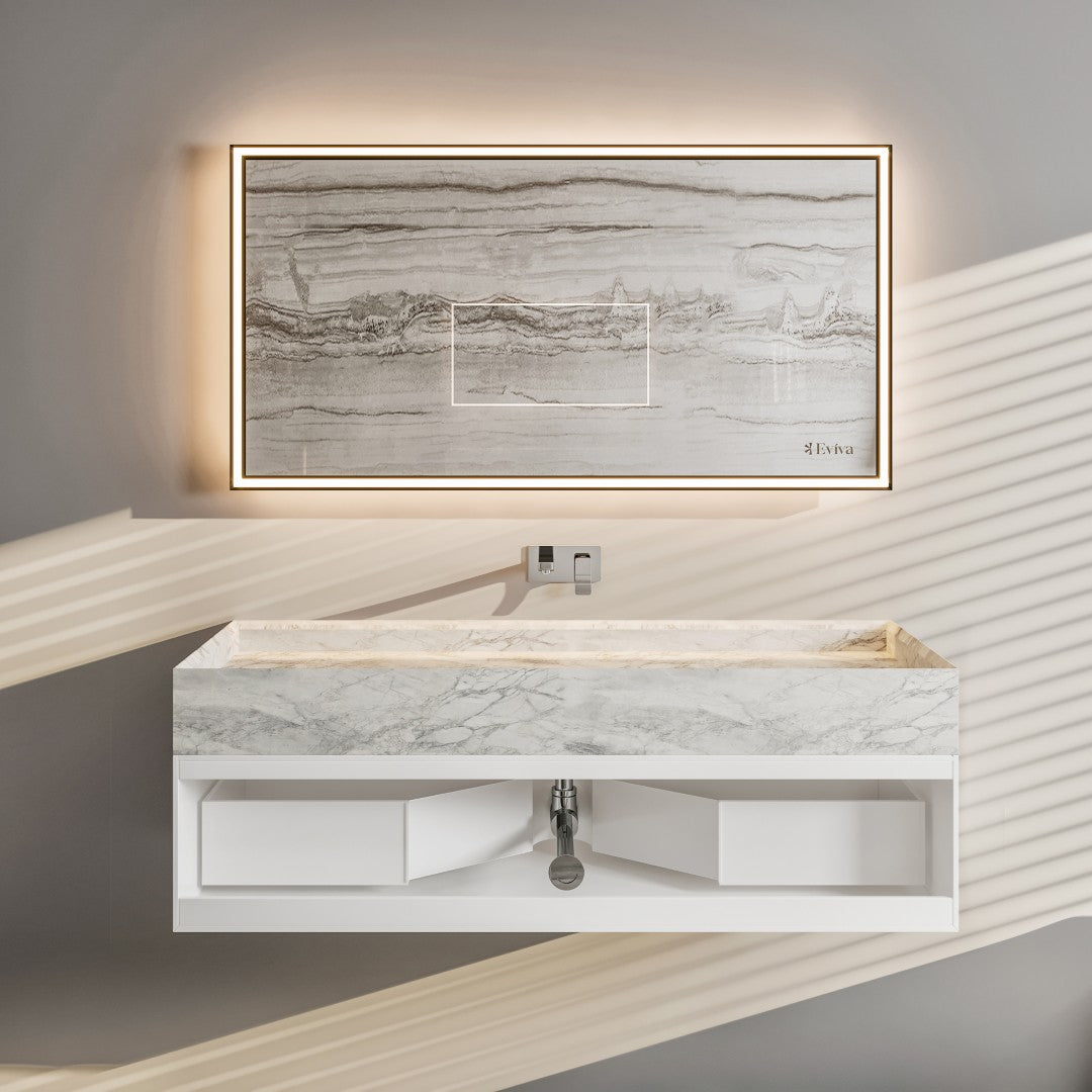Fritti 36 in. White Wall Mount Single Sink Bath Vanity with Carrara Marble Top and Integrated Sink