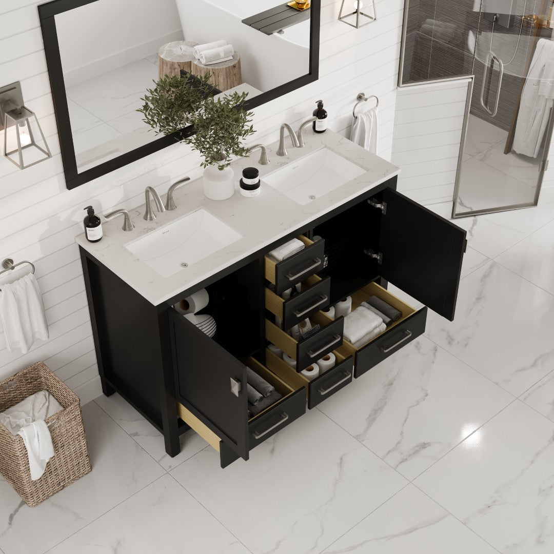 Aberdeen 48 in. Espresso Double Sink Bath Vanity with Carrara Quartz Top and Undermount Porcelain Sinks