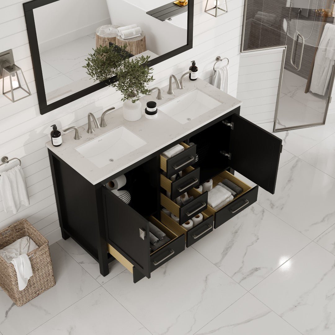 Aberdeen 48 in. Espresso Double Sink Bath Vanity with Carrara Quartz Top and Undermount Porcelain Sinks - Bathroom Vanity by Eviva