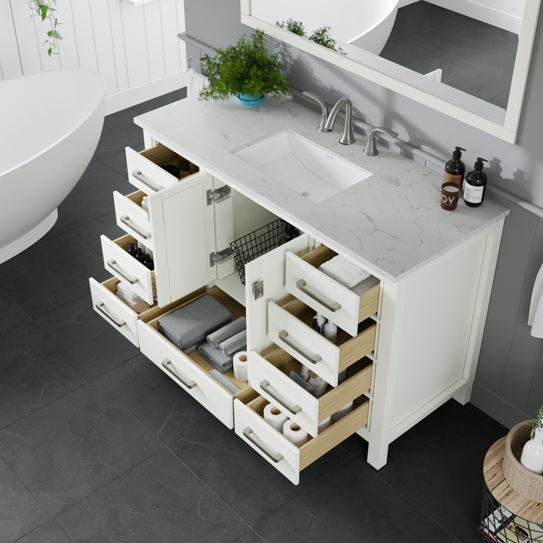 Aberdeen 48 in. White Single Sink Bath Vanity with Carrara Quartz Top and Undermount Porcelain Sink - Bathroom Vanity by Eviva