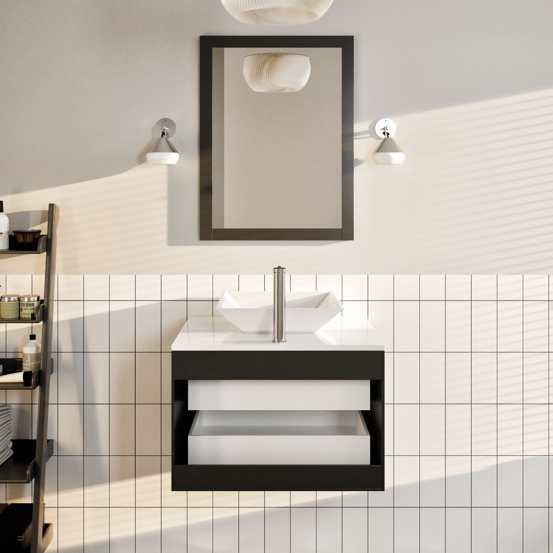Wave 24 in. Espresso Wall Mount Single Sink Bath Vanity with White Quartz Top and Vessel Porcelain Sink - Bathroom Vanity by Eviva