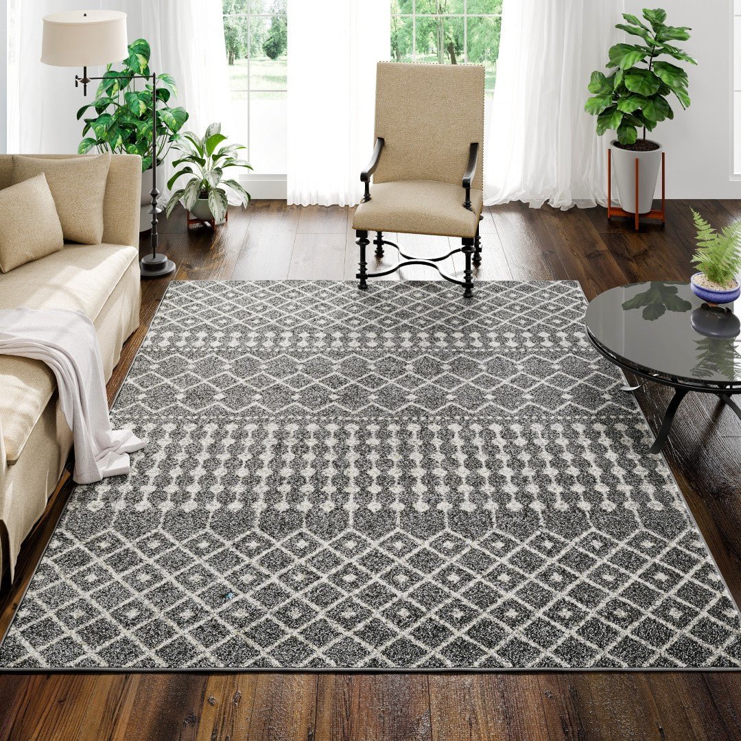 Eviva Grid 8' x 10' Geometric anthracite Gray/Cream Rug - Rug by Eviva