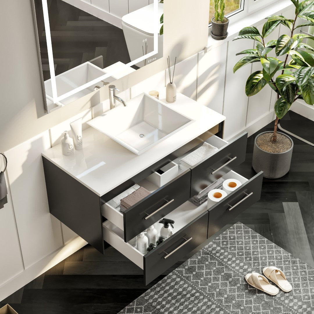 Wave 36 in. Espresso Wall Mount Single Sink Bath Vanity with White Quartz Top and Vessel Porcelain Sink