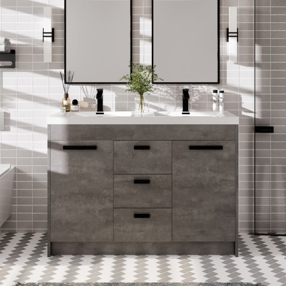 Lugano 48 in. Concrete Gray Double Sink Bath Vanity with Acrylic Top and Integrated Sinks - Bathroom Vanity by Eviva