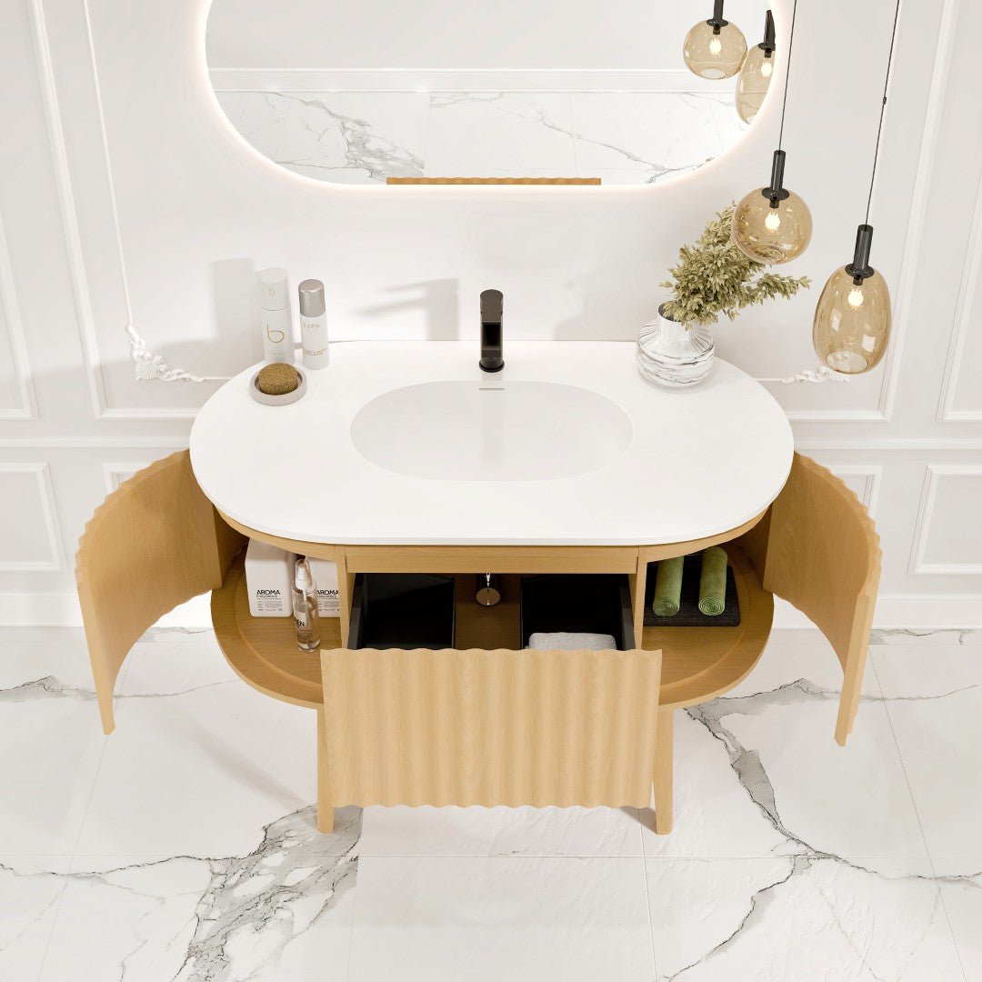 Haven 39 in. Natural Oak Freestanding Single Sink Bath Vanity with Solid Surface Top and Integrated Sink - Bathroom Vanity by Eviva