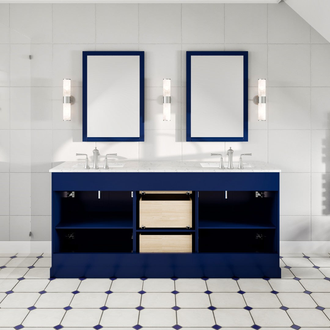 Epic 72 in. Blue Double Sink  Bath Vanity with Carrara Quartz Top and Undermount Porcelain Sinks