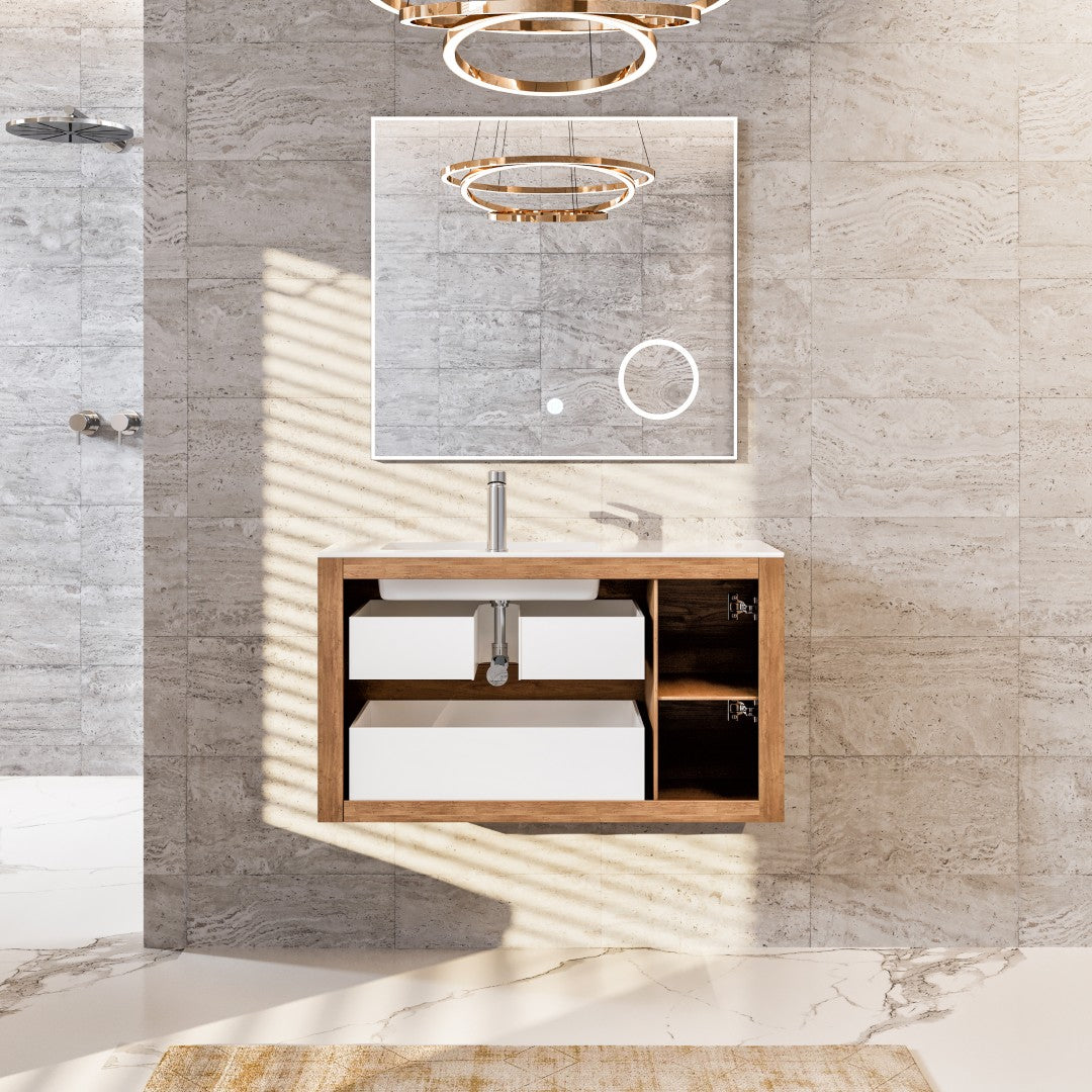 Prancer 44 in. Natural Oak Wall Mount Single Sink Bath Vanity with Solid Surface Top and Integrated Sink