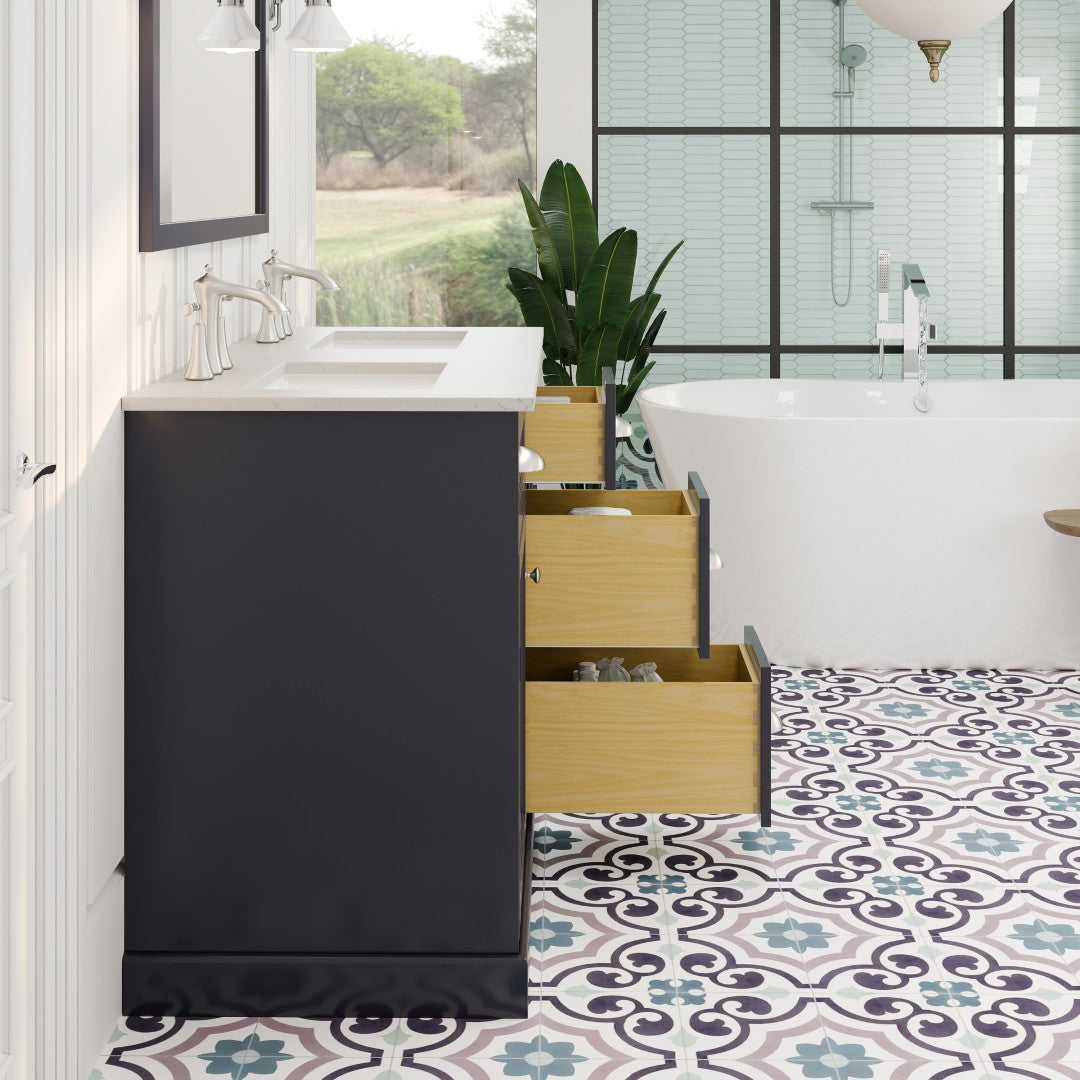 Epic 48 in. Charcoal Gray Double Sink  Bath Vanity with Carrara Quartz Top and Undermount Porcelain Sinks