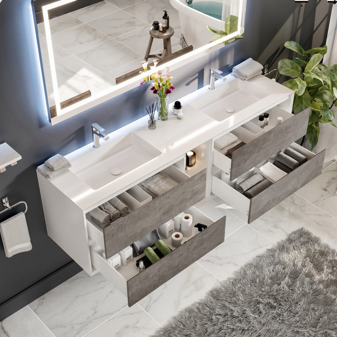 Vienna 75 in. Concrete Gray Wall Mount Double Sink Bath Vanity with Acrylic Top and Integrated Sinks - Bathroom Vanity by Eviva