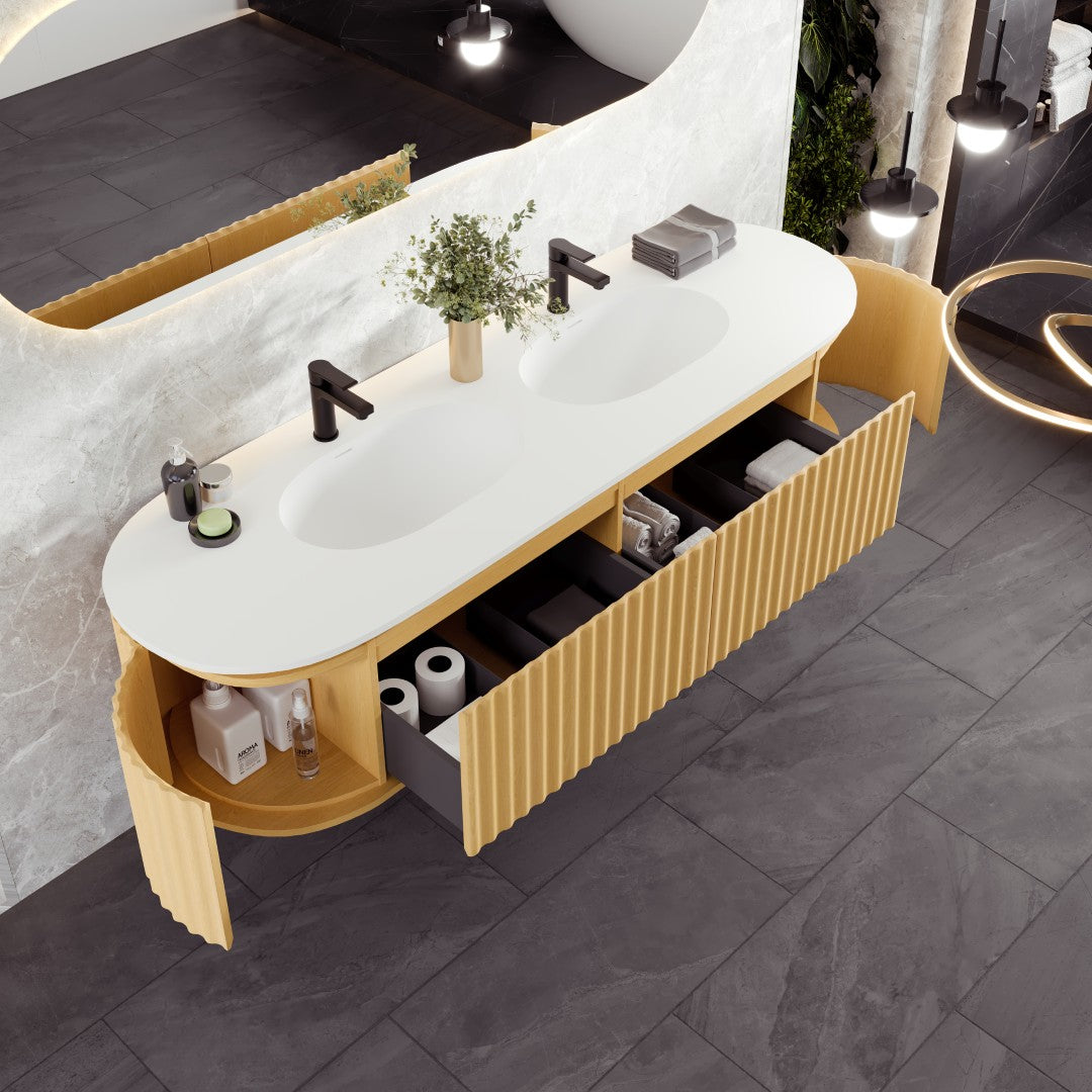 Haven 71 in. Natural Oak Wall Mount Double Sink Bath Vanity with Solid Surface Top and Integrated Sinks