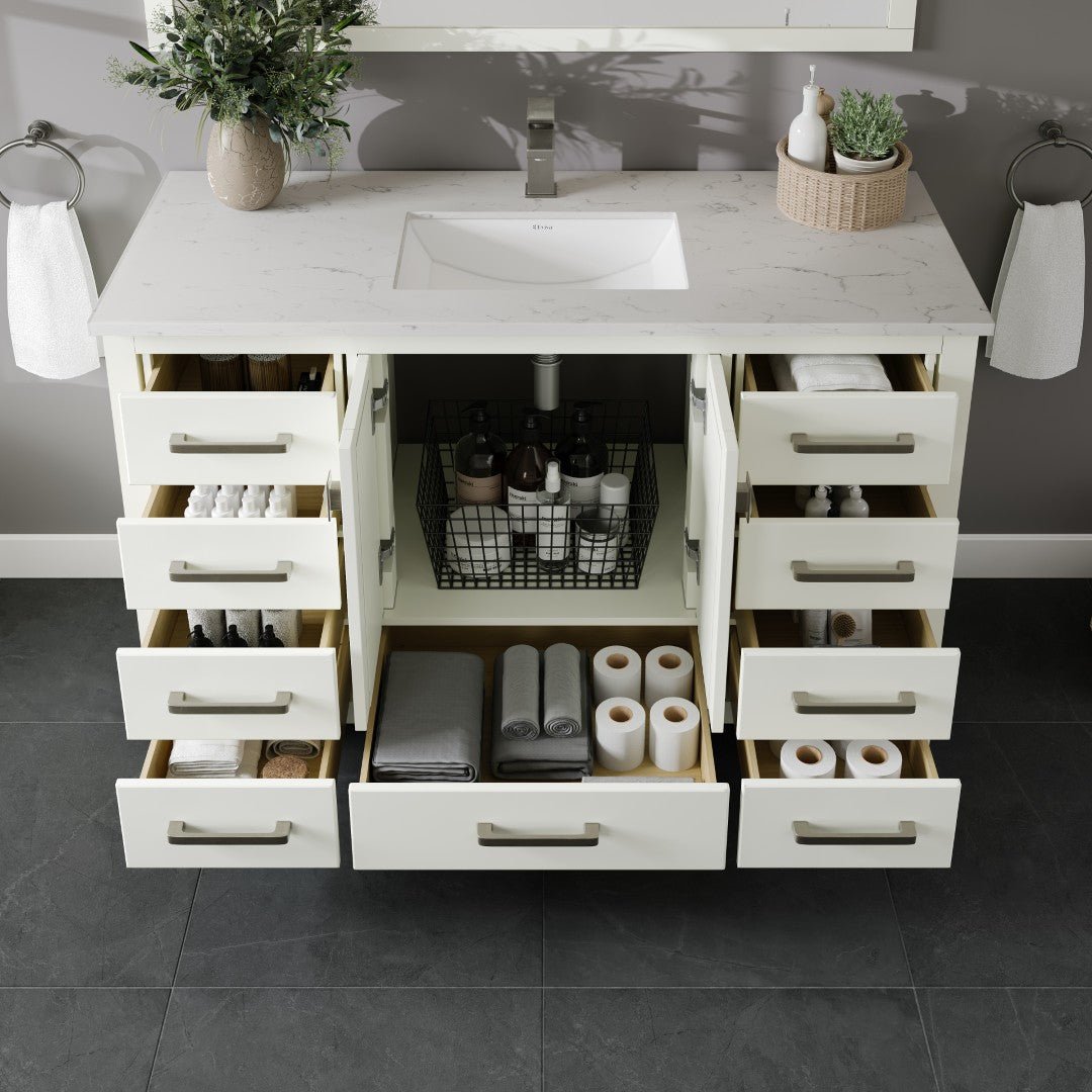 London 48 in. White Single Sink Bath Vanity with Carrara Quartz Top and Undermount Porcelain Sink - Bathroom Vanity by Eviva
