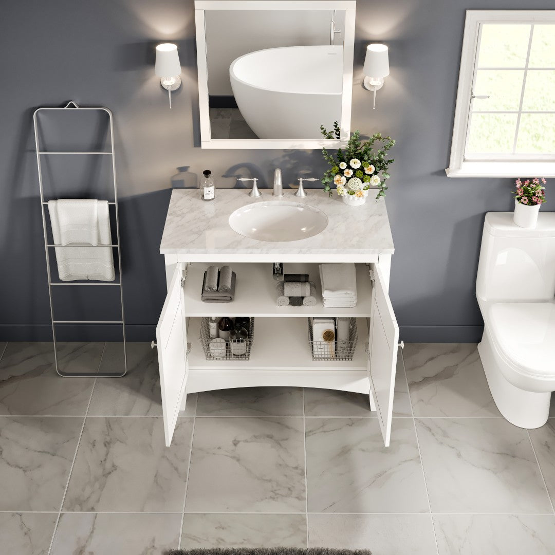 New York 36 in. White Single Sink Bath Vanity with Carrara Marble Top and Undermount Porcelain Sink