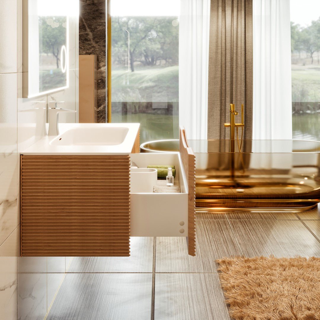 Leah 32 in. Medium Oak Wall Mount Single Sink Bath Vanity with Solid Surface Top and Integrated Sink - Bathroom Vanity by Eviva