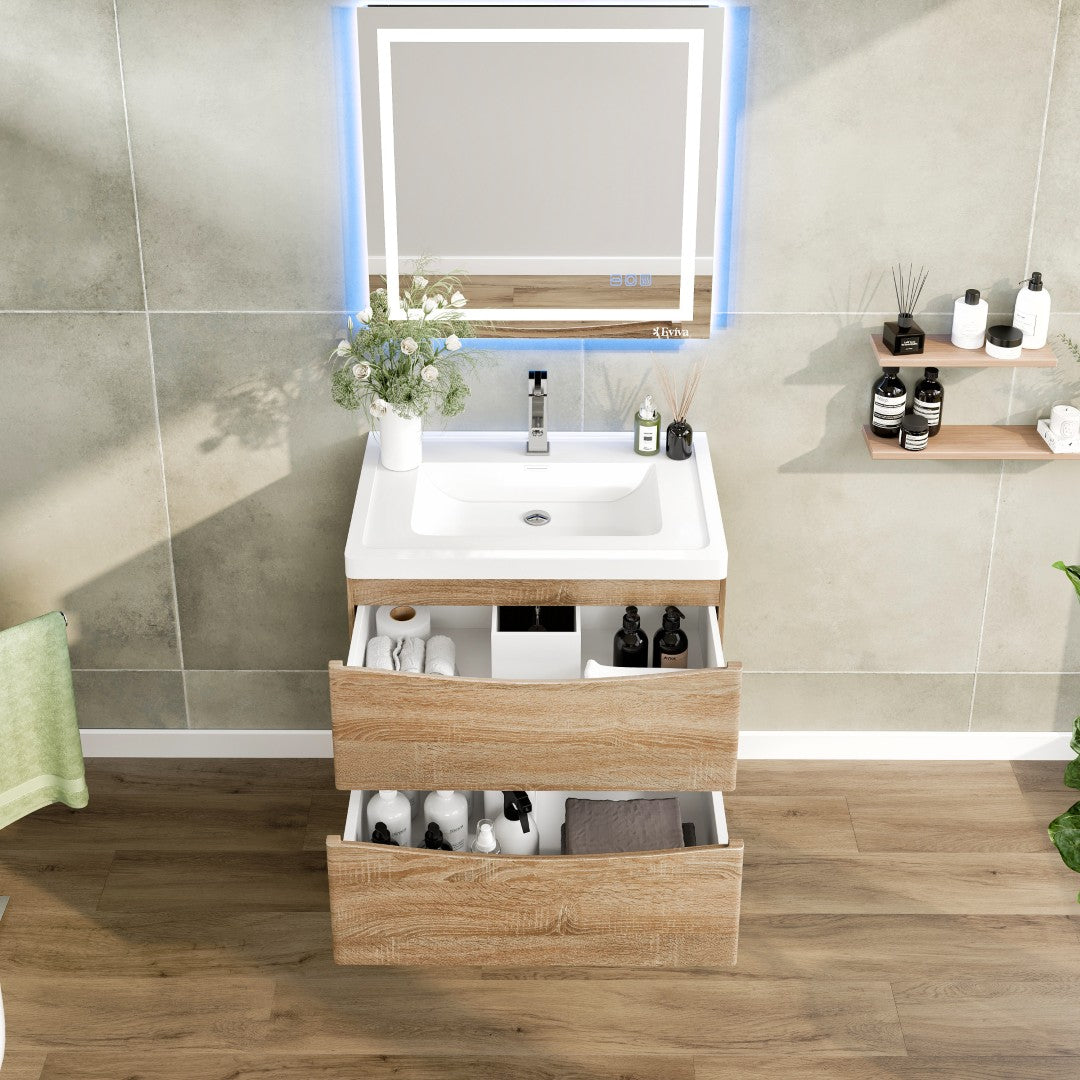 Smile 30 in. White Oak Wall Mount Single Sink Bath Vanity with Acrylic Top and Integrated Sink