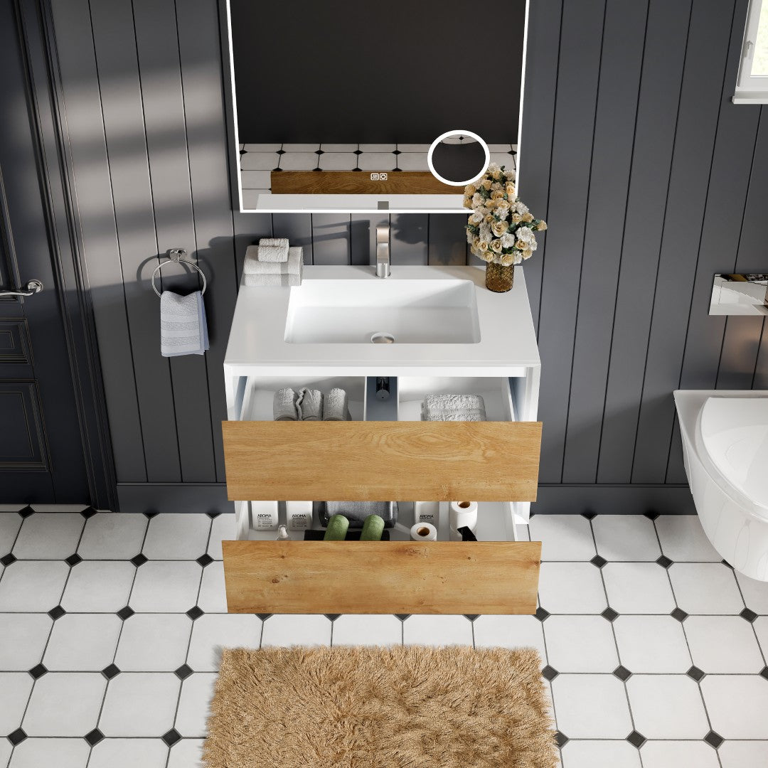 Vienna 36" WH Oak Wall Mount Single Sink Bath Vanity with Acrylic Top and Integrated Sink