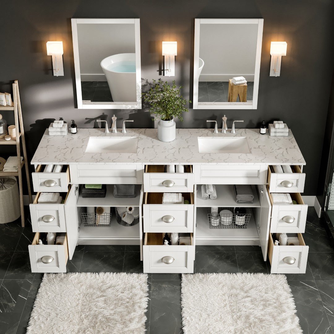 Epic 96 in. White Double Sink Bath Vanity with Carrara Quartz Top and Undermount Porcelain Sinks - Bathroom Vanity by Eviva