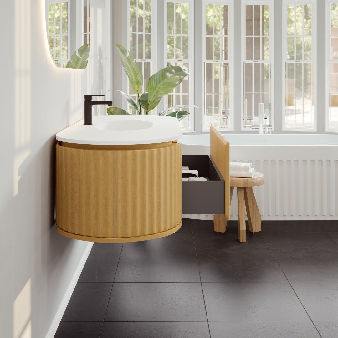Haven 55 in. Natural Oak Wall Mount Single Sink Bath Vanity with Solid Surface Top and Integrated Sink - Bathroom Vanity by Eviva