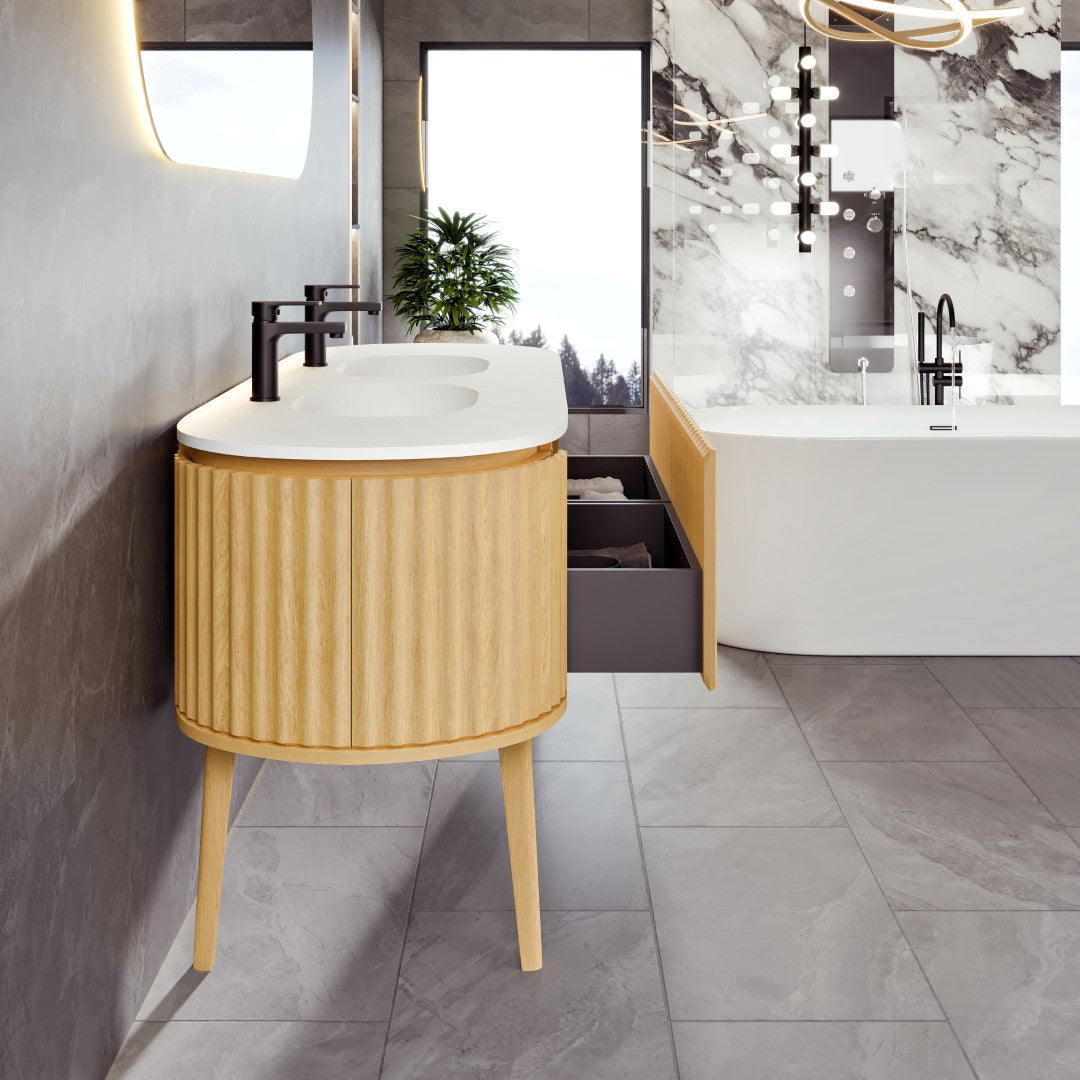 Haven 71 in. Natural Oak Double Sink  Bath Vanity with Solid Surface Top and Integrated Sinks