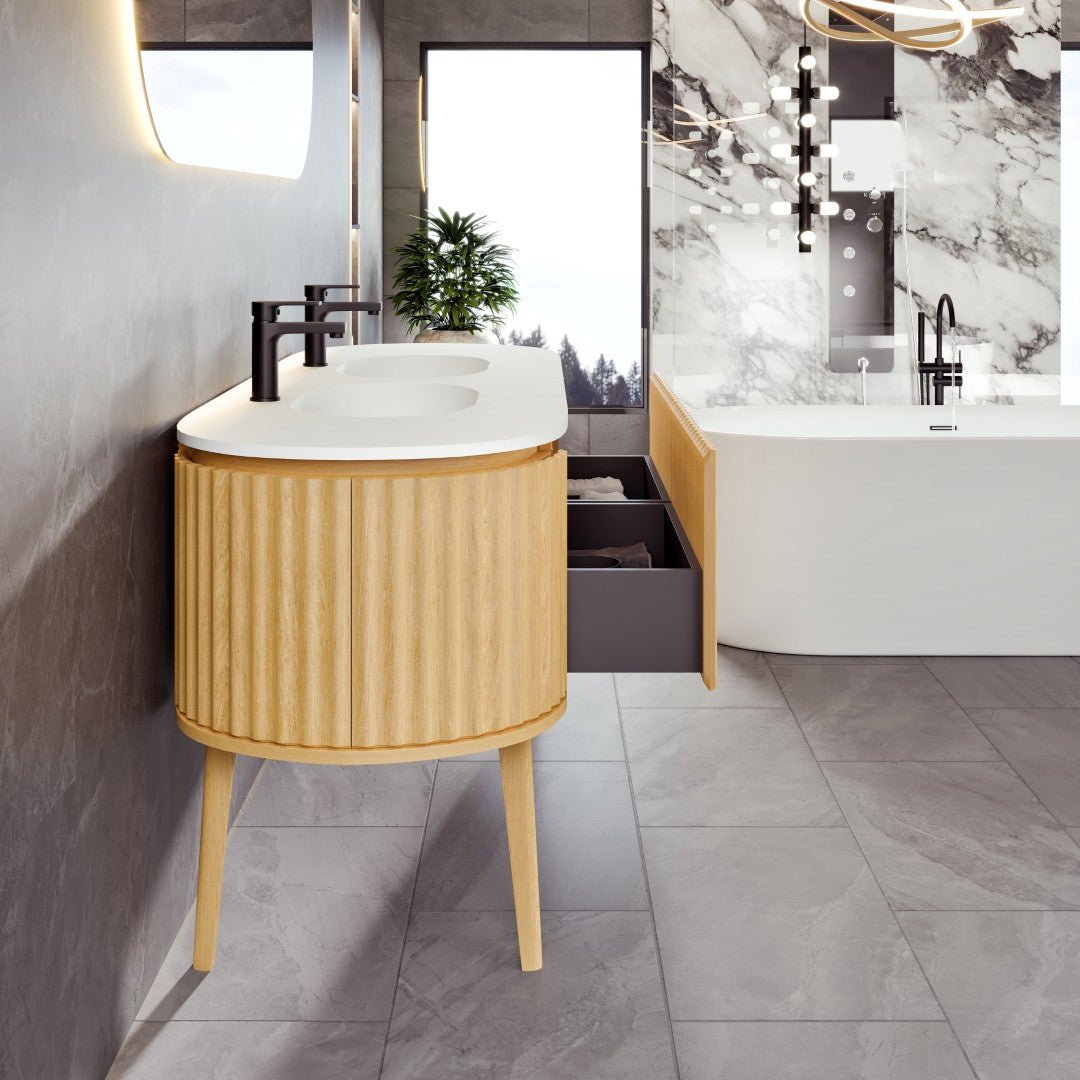 Haven 71 in. Natural Oak Freestanding Double Sink Bath Vanity with Solid Surface Top and Integrated Sinks - Bathroom Vanity by Eviva