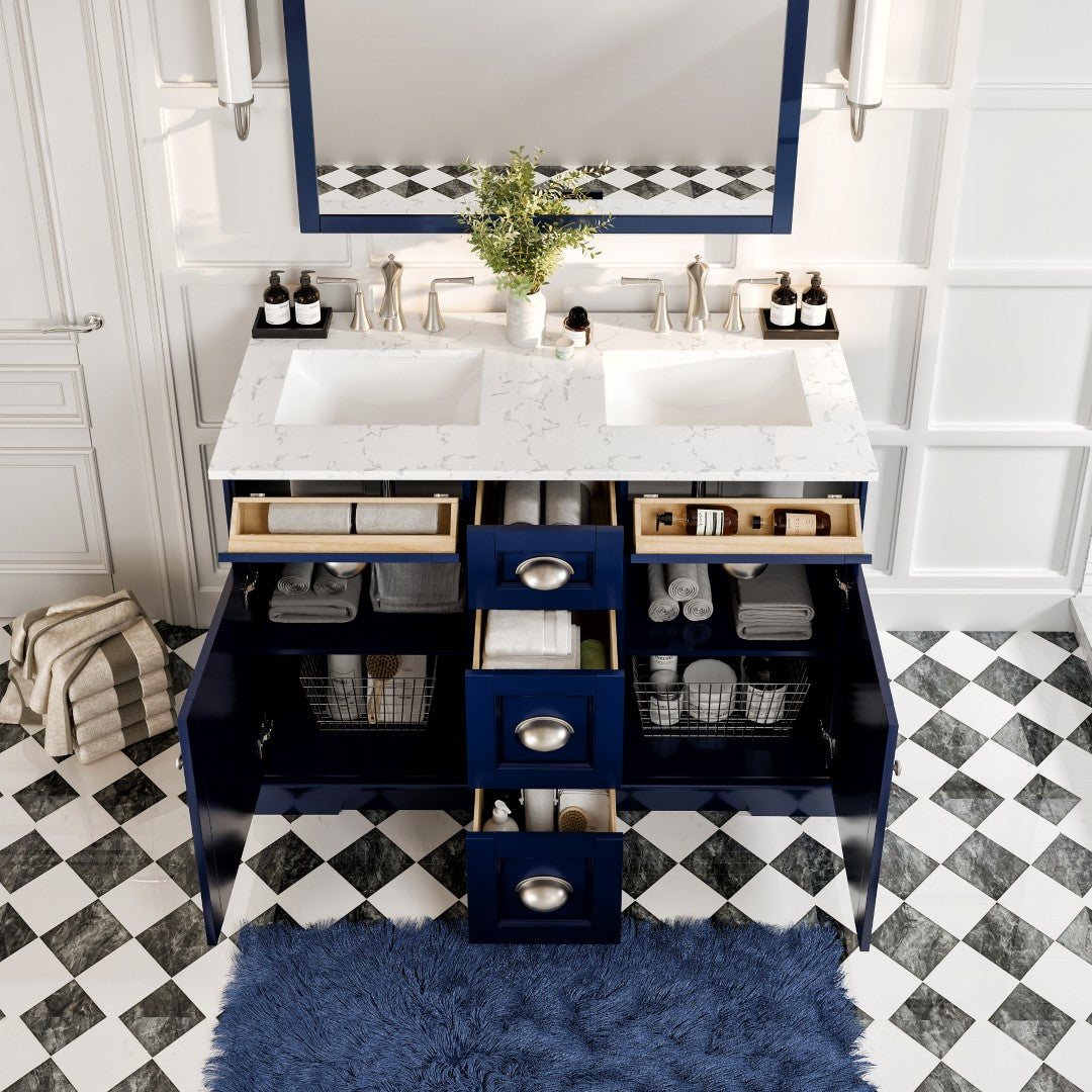 Epic 48 in. Blue Double Sink Bath Vanity with Carrara Quartz Top and Undermount Porcelain Sinks