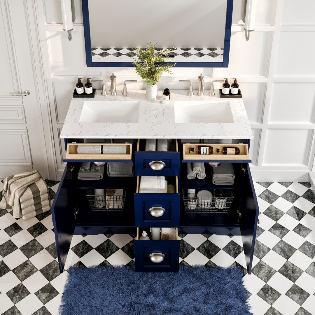 Epic 48 in. Blue Double Sink Bath Vanity with Carrara Quartz Top and Undermount Porcelain Sinks - Bathroom Vanity by Eviva