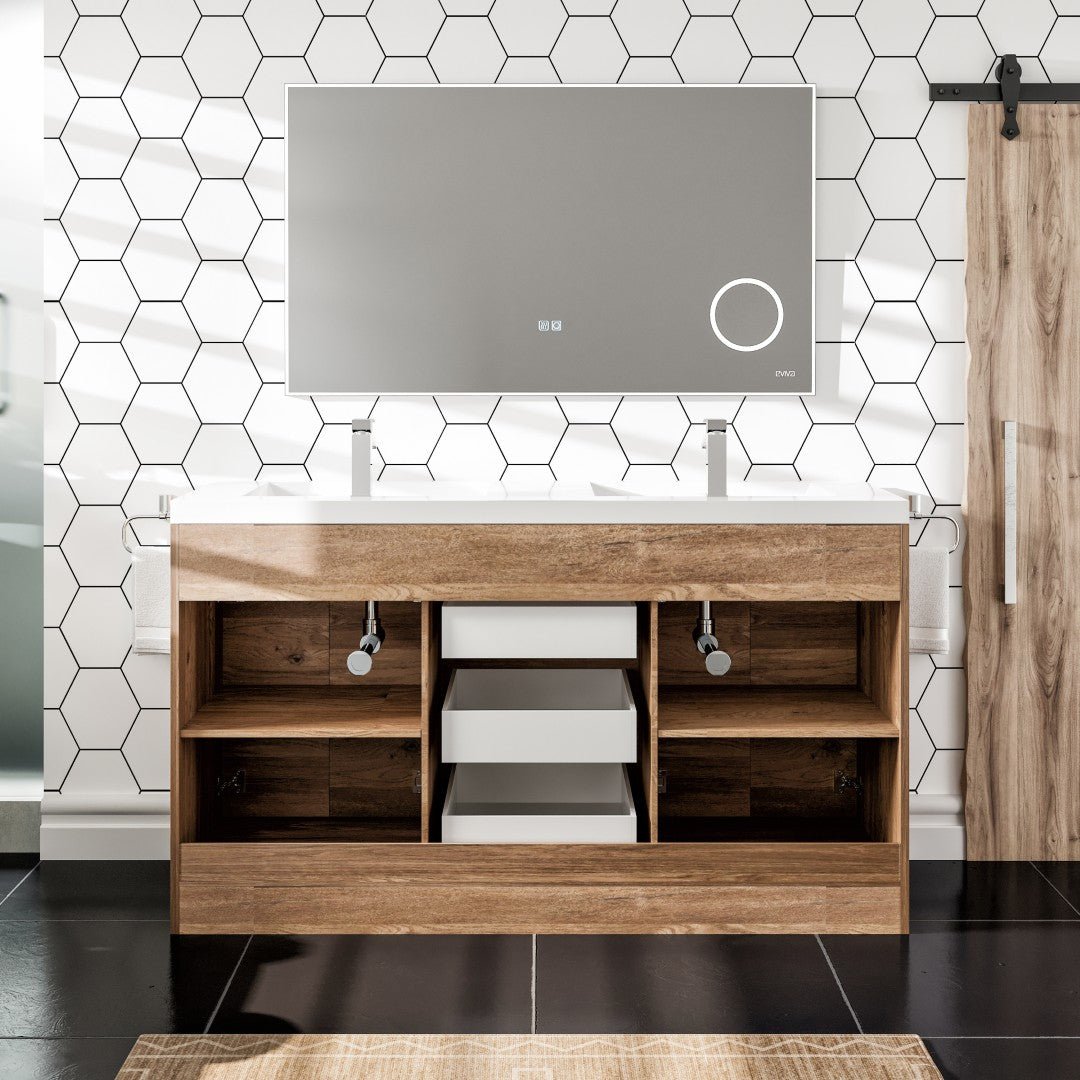 Lugano 60 in. Natural Oak Double Sink Freestanding Bath Vanity with Acrylic Top and Integrated Sinks - Bathroom Vanity by Eviva