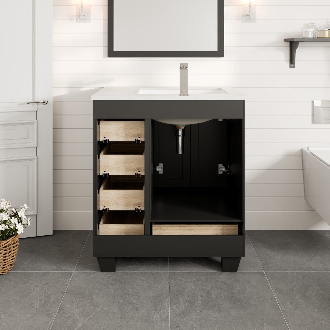 Happy 30 in. Espresso Single Sink Bath Vanity with Carrara Quartz Top and Undermount Porcelain Sink - Bathroom Vanity by Eviva