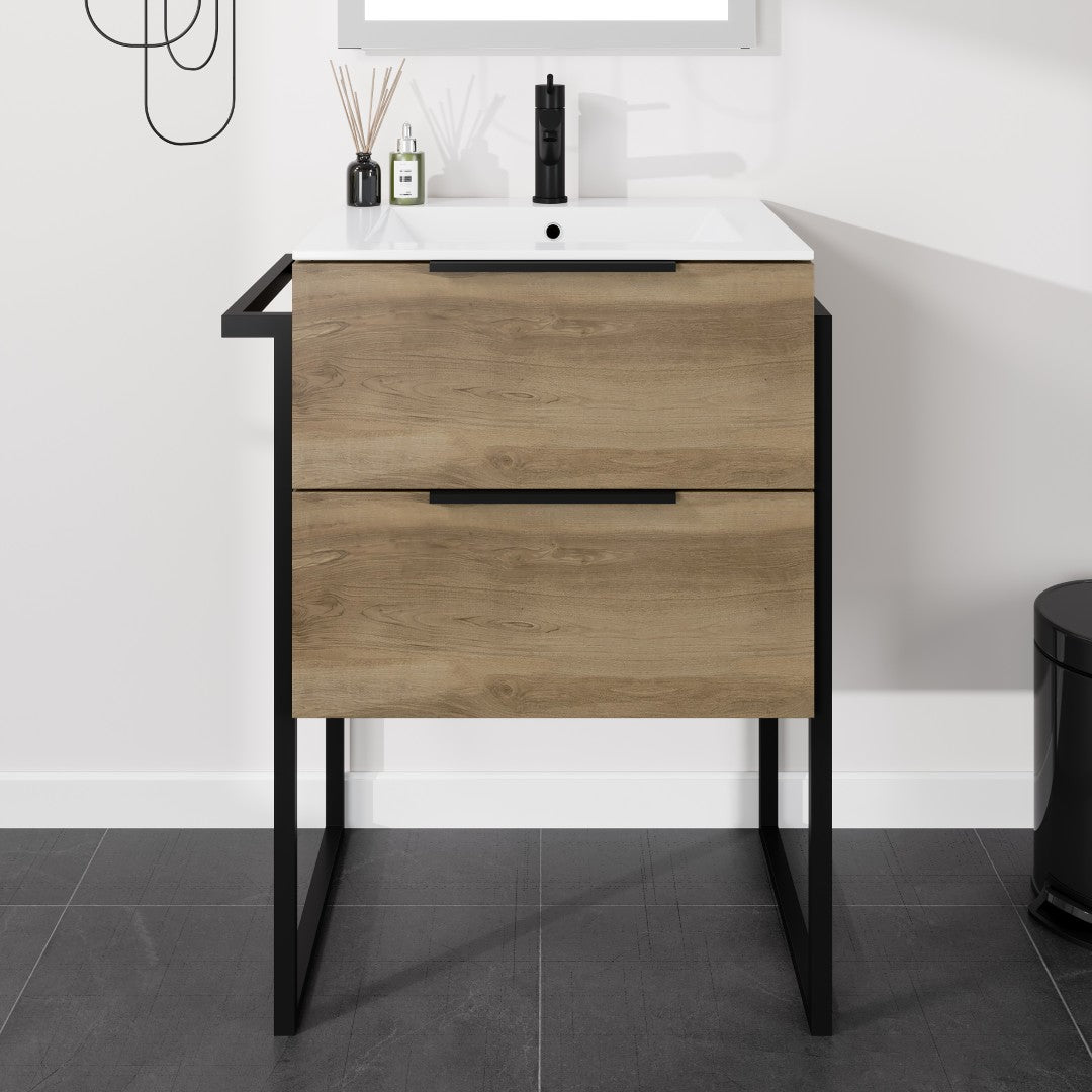 A modern natural oak bathroom vanity with a black metal frame and integrated sink, featuring a white porcelain top and black matte hardware.