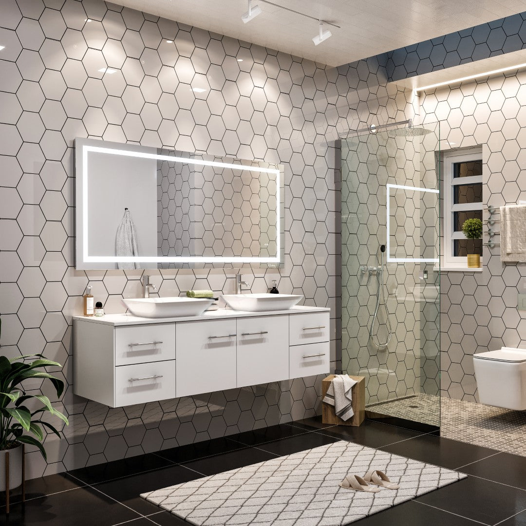 Wave 60 in. White Wall Mount Double Sink Bath Vanity with White Quartz Top and Vessel Porcelain Sinks