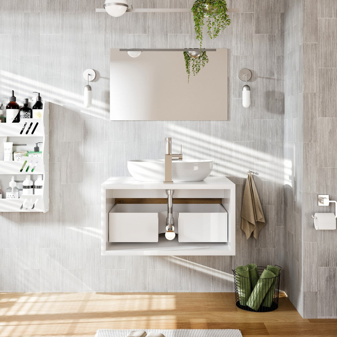 Santa Monica 30 in. White Oak Wall Mount Single Sink Bath Vanity with Acrylic Top and Vessel Solid Surface Sink