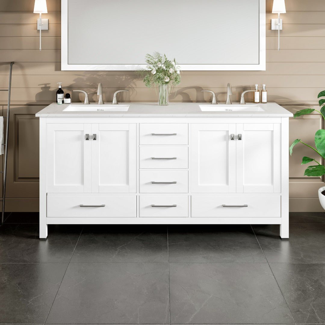 Aberdeen 78 in. White Double Sink Bath Vanity with Carrara Quartz Top and Undermount Porcelain Sinks - Bathroom Vanity by Eviva