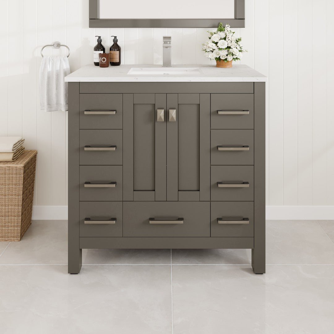 Hampton 36" x 18" Dark Gray Single Sink Bath Vanity with Carrara Quartz Top and Undermount Porcelain Sink - Bathroom Vanity by Eviva
