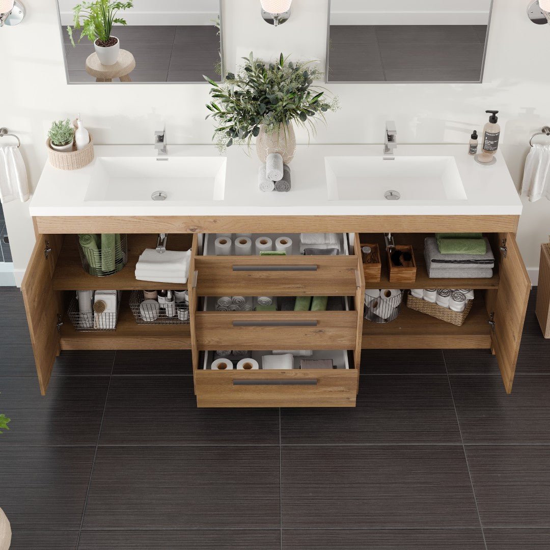 Lugano 84 in. Natural Oak Double Sink Bath Vanity with Acrylic Top and Integrated Sinks - Bathroom Vanity by Eviva