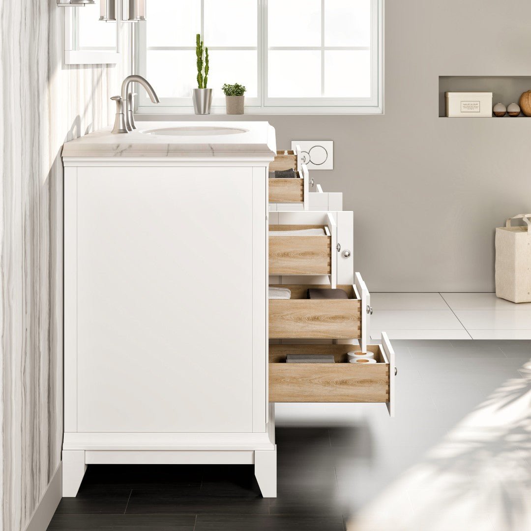 Elite Stamford 42 in. White Single Sink Bath Vanity with Carrara Quartz Top and Undermount Porcelain Sink - Bathroom Vanity by Eviva
