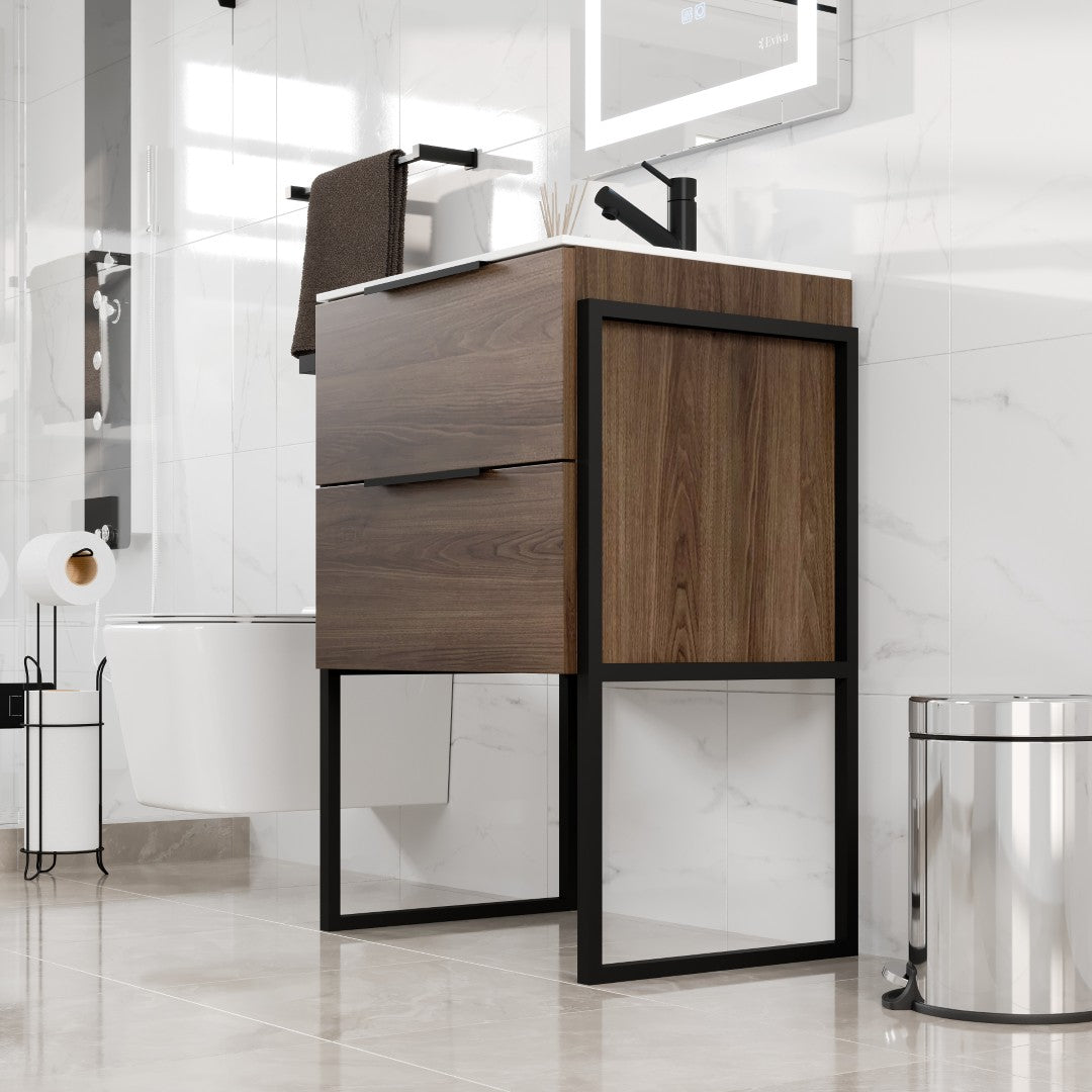 Marina 27 in. Dark Walnut Single Sink Bath Vanity with Porcelain Top and Integrated Sink