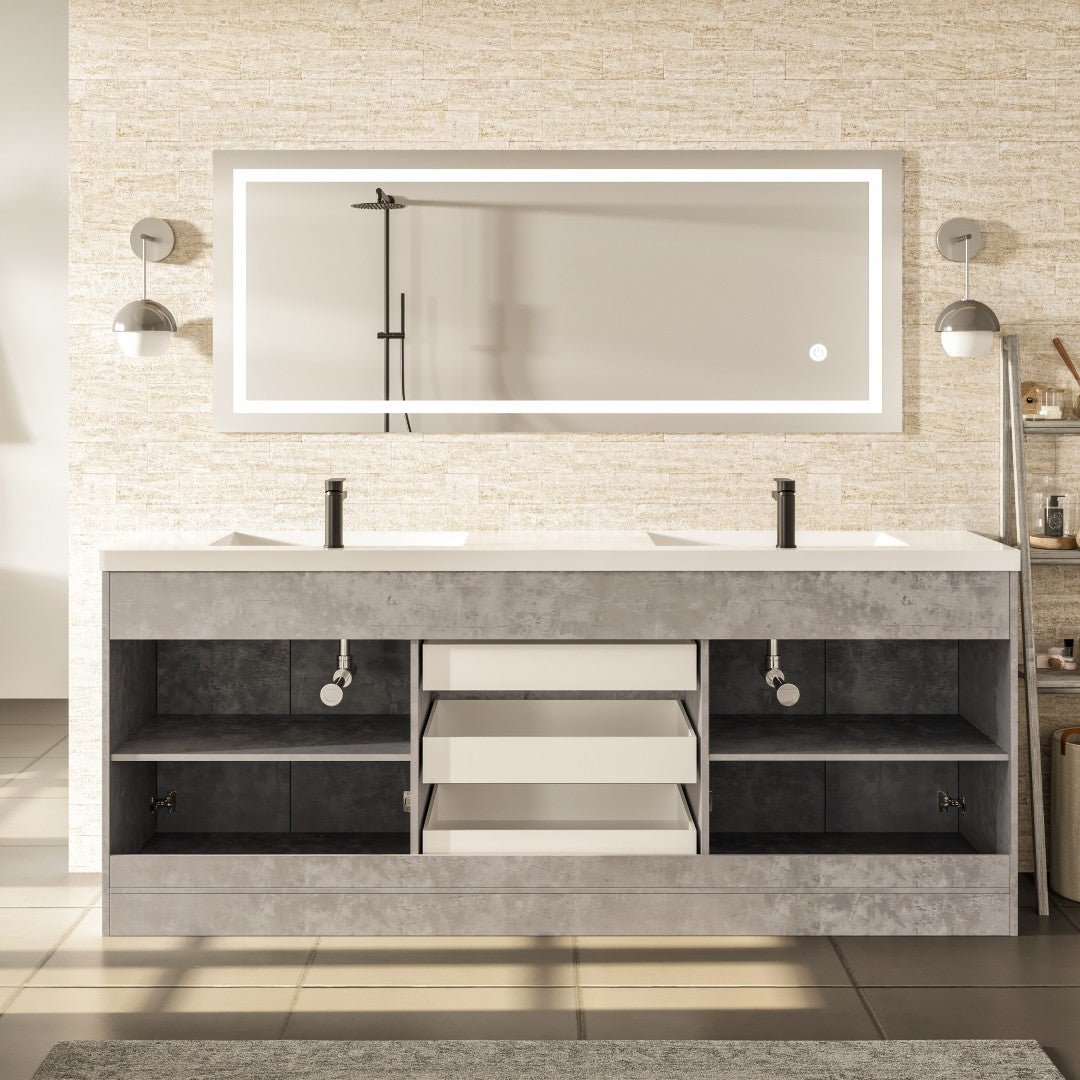 Lugano 84 in. Concrete Gray Double Sink Bath Vanity with Acrylic Top and Integrated Sinks - Bathroom Vanity by Eviva