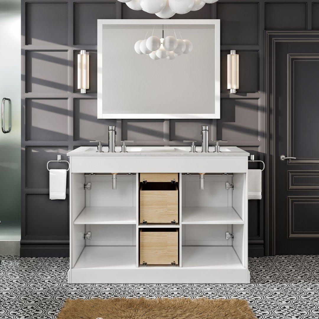 Epic 48 in. White Double Sink  Bath Vanity with Carrara Quartz Top and Undermount Porcelain Sinks